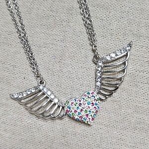 Vintage Y2K Pave Wings of Love Pave Crystal Heart Necklace OOAK